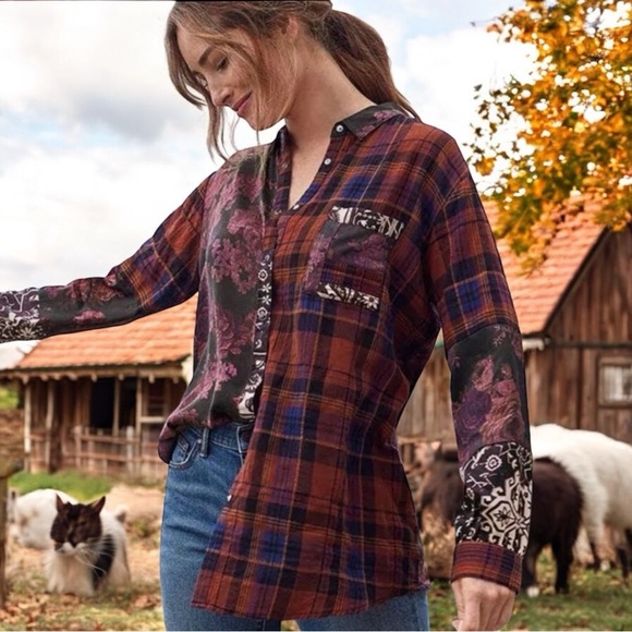NWT - JOHNNY WAS Mulberry Rose Floral Print / Plaid Mix Up Shirt Sz XXS. - Picture 1 of 11